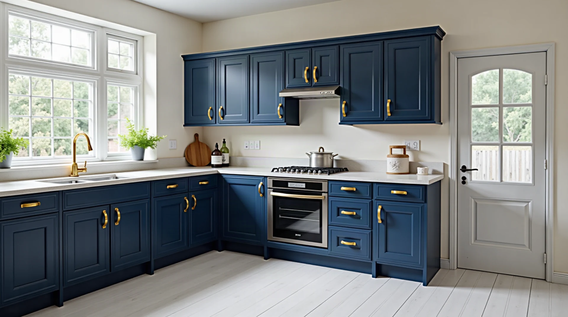 Kitchen cabinets freshly painted in deep navy with brass handles, bright clean kitchen, photographic