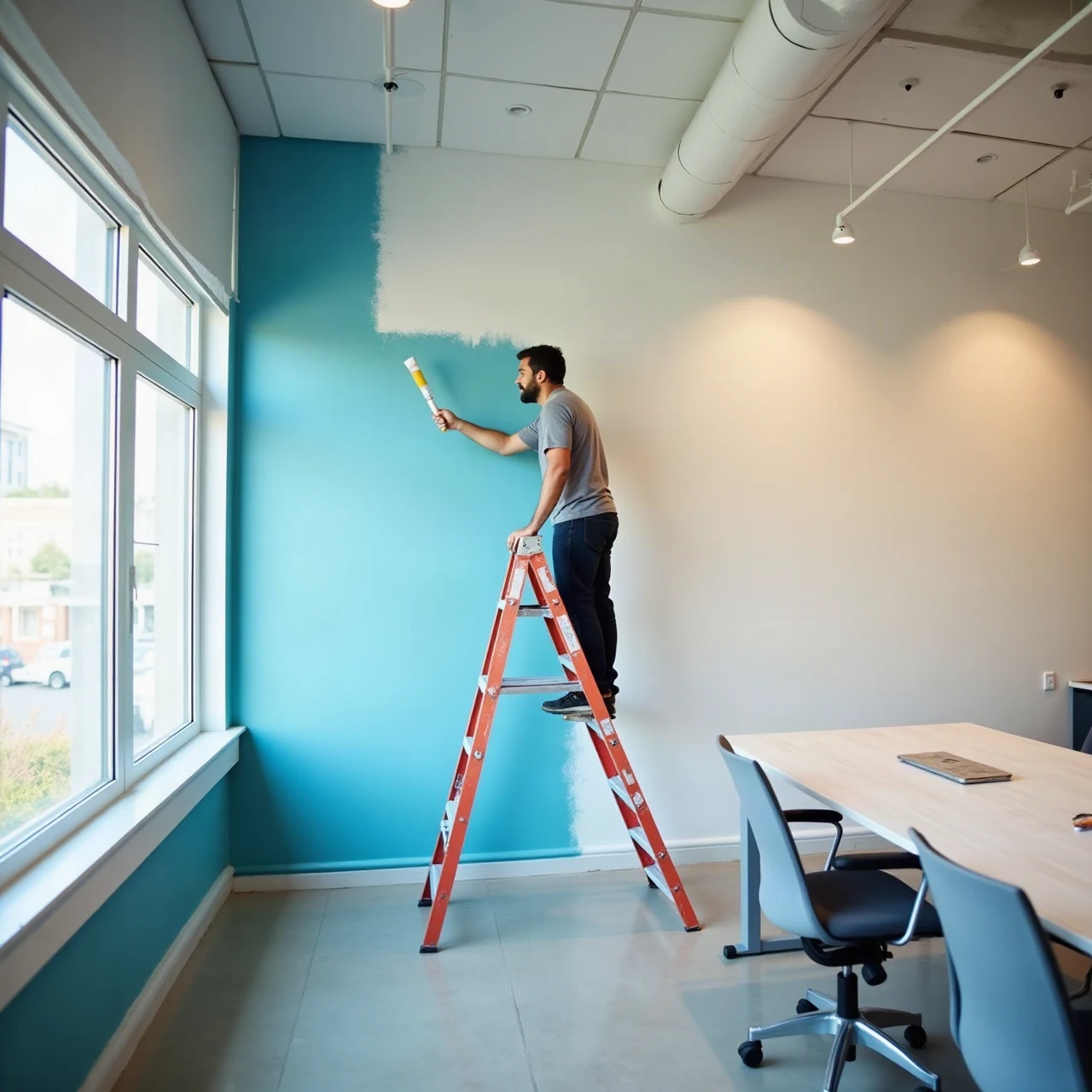 Painter on a ladder painting a bright modern office wall, commercial interior with desks covered in plastic sheeting, photographic