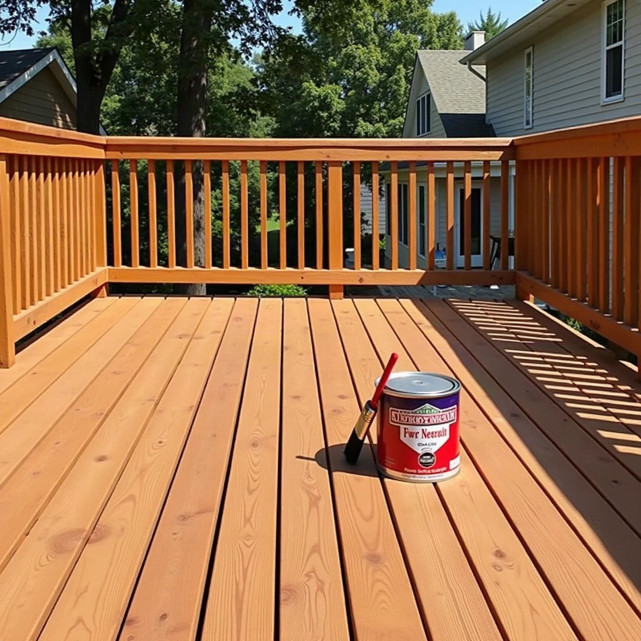 Wooden backyard deck freshly stained in warm cedar tone, brush and stain can resting on boards, late afternoon sun, photographic