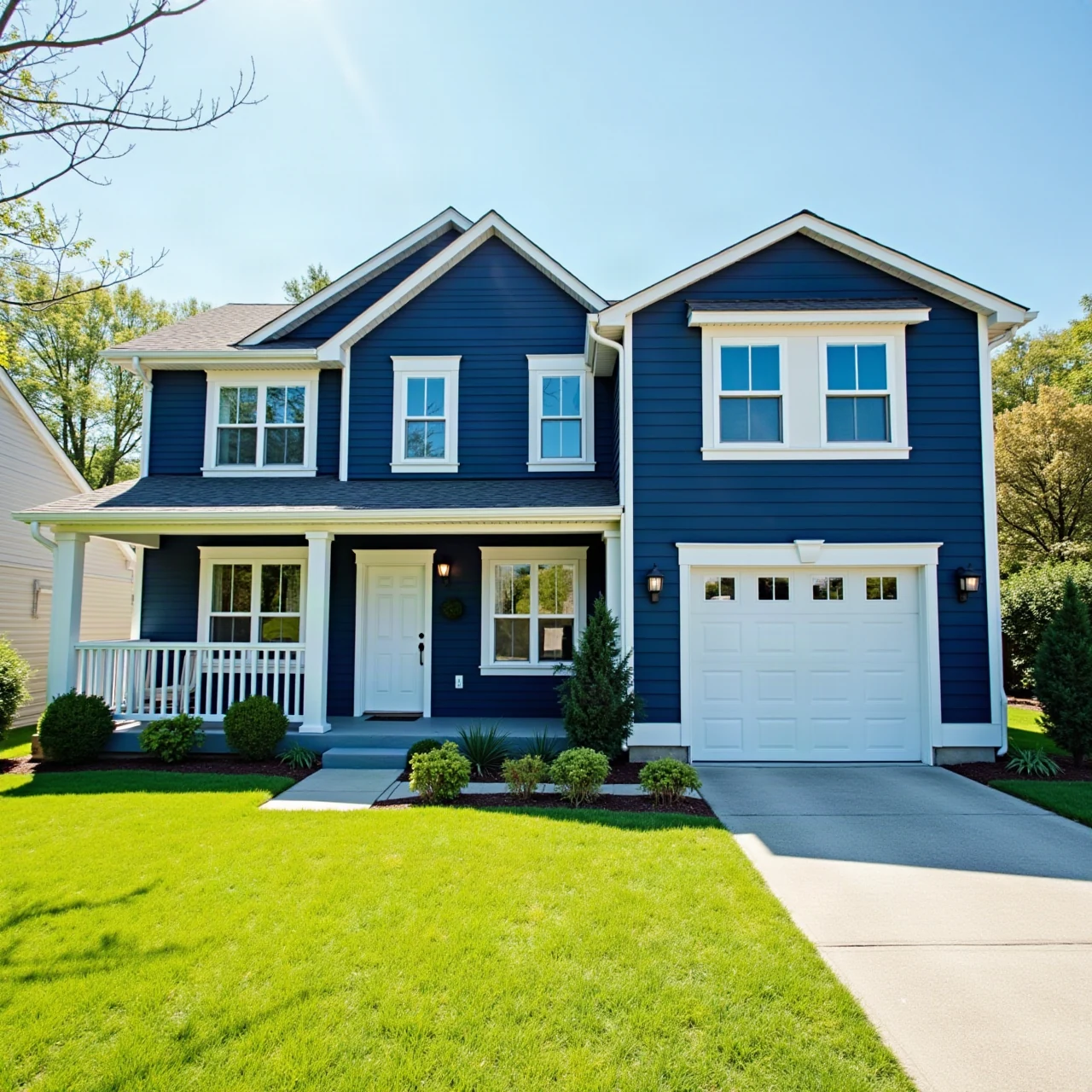 Freshly painted two-storey suburban house exterior with crisp navy siding and white trim, sunny day, green lawn, photographic