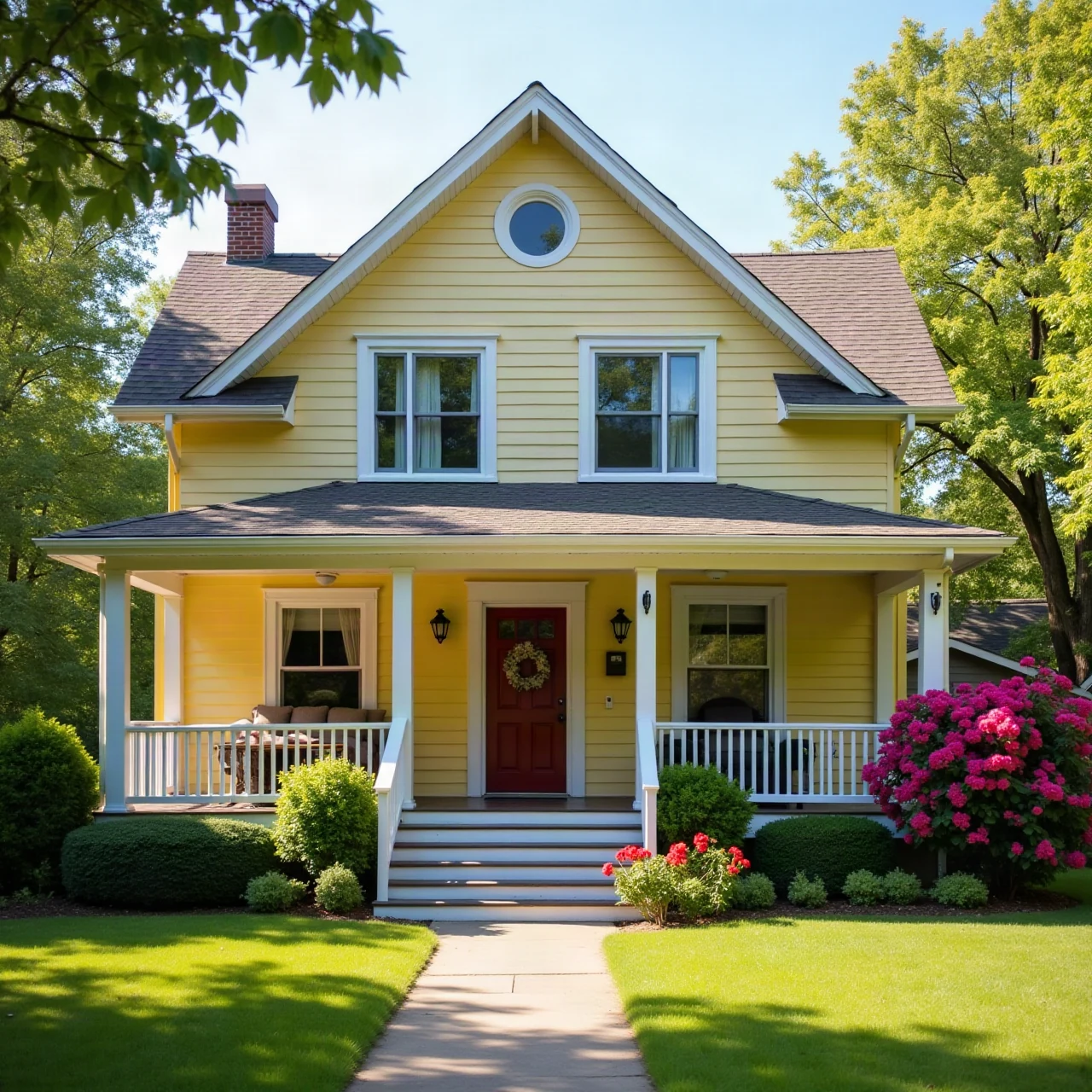 Well-kept family house front freshly painted, welcoming porch, flowers, warm daylight, photographic