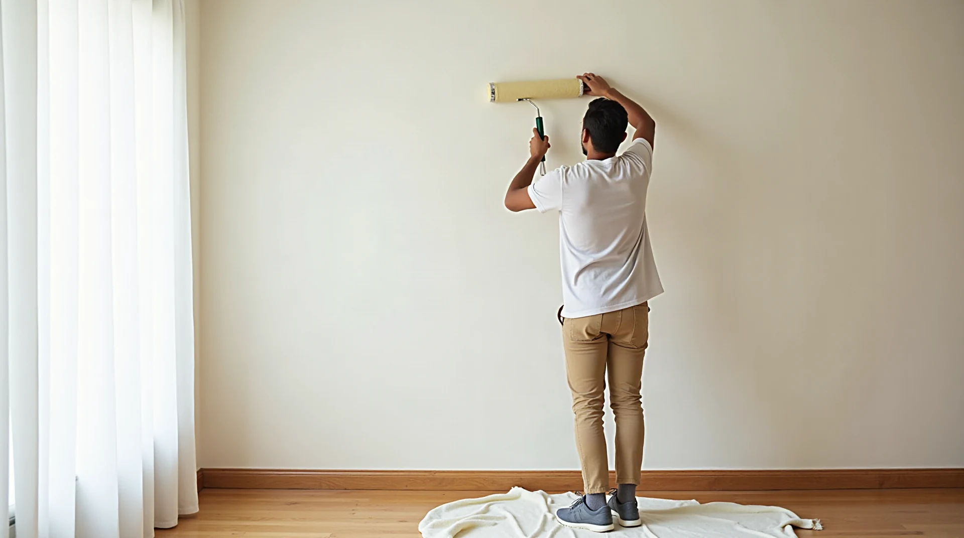 Painter rolling soft warm white paint onto a living room wall, natural daylight, drop cloth on hardwood floor, tidy modern home interior, photographic