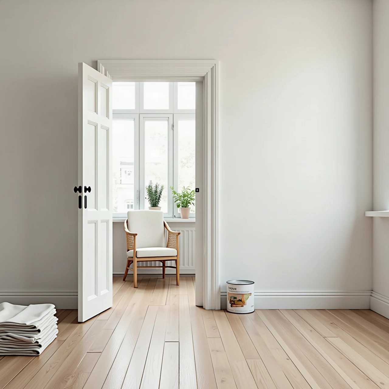 Clean bright room after painting, furniture neatly back in place, folded canvas drop cloths and sealed paint cans by the doorway, photographic